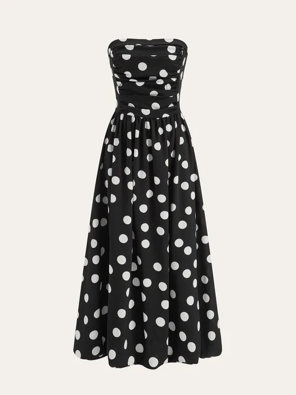 Strapless Polka Dot Ruched Maxi Dress sold by COMMENSE