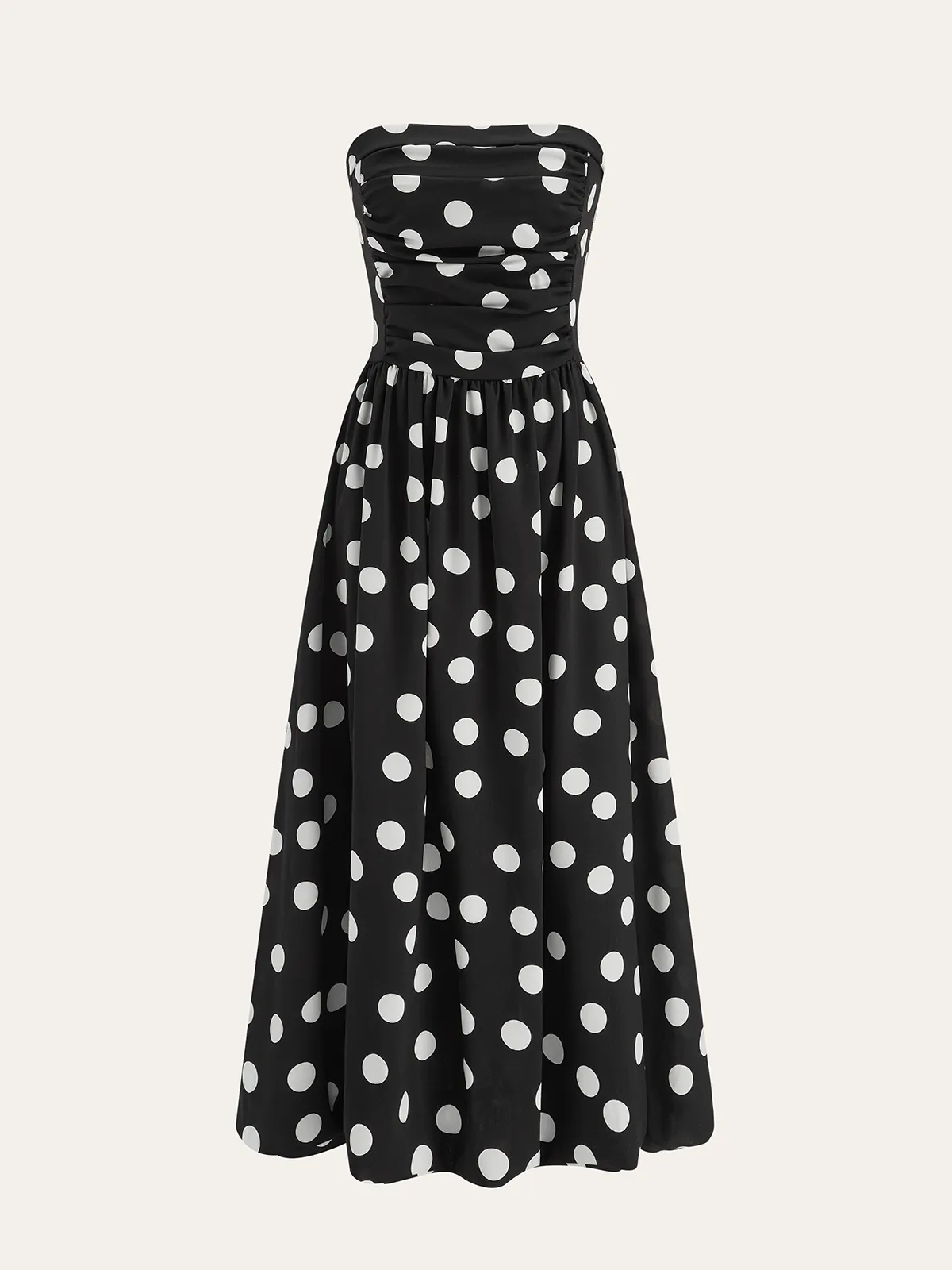 Strapless Polka Dot Ruched Maxi Dress sold by COMMENSE