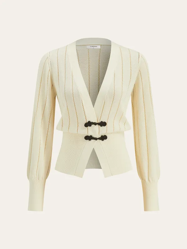Eyelet-Striped Waist-Cinched Knit Cardigan sold by COMMENSE
