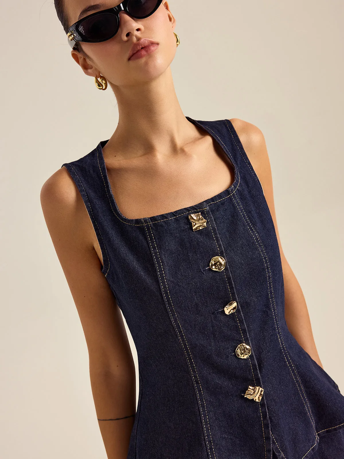 Denim Metal Button Peplum Top and Pants Set sold by COMMENSE product image thumbnail 2
