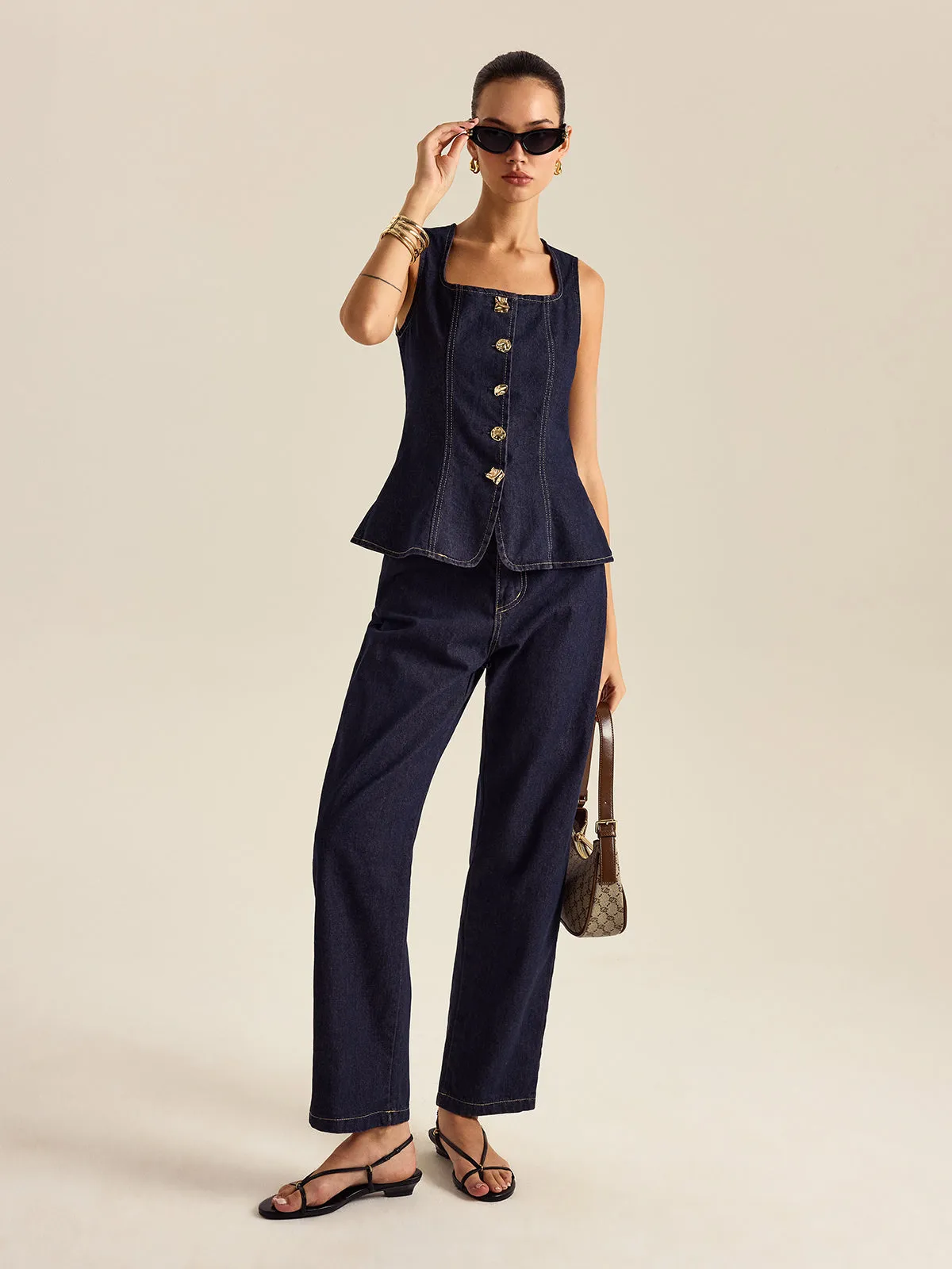 Denim Metal Button Peplum Top and Pants Set sold by COMMENSE