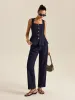 Denim Metal Button Peplum Top and Pants Set sold by COMMENSE