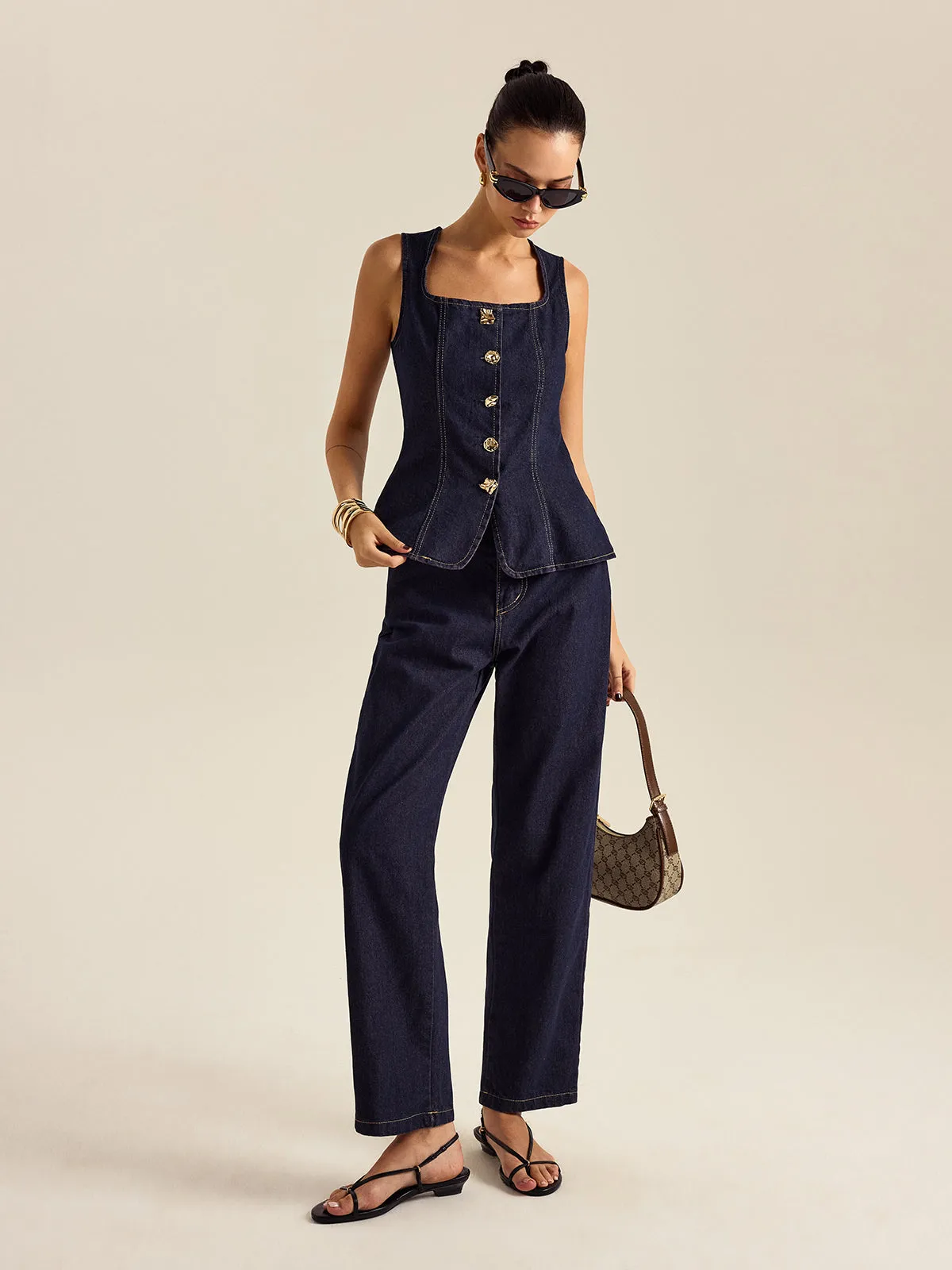 Denim Metal Button Peplum Top and Pants Set sold by COMMENSE product image thumbnail 4