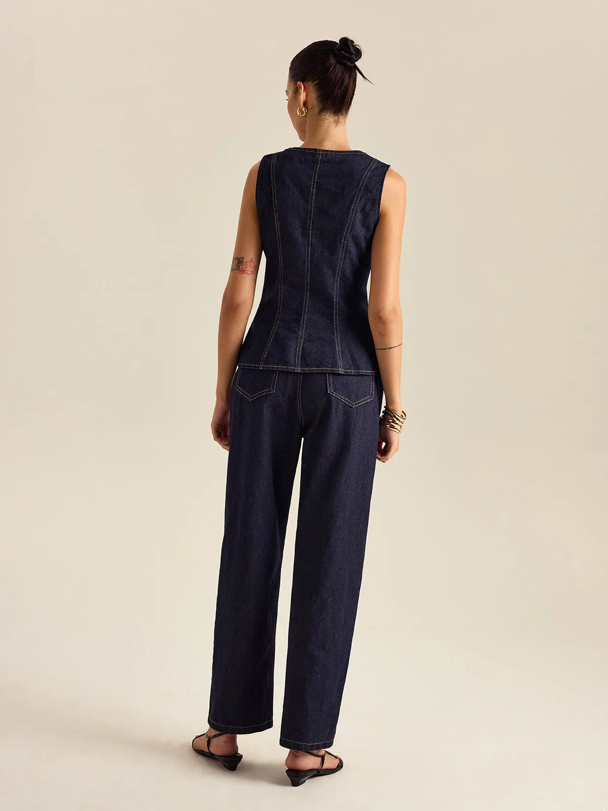 Denim Metal Button Peplum Top and Pants Set sold by COMMENSE product image thumbnail 3