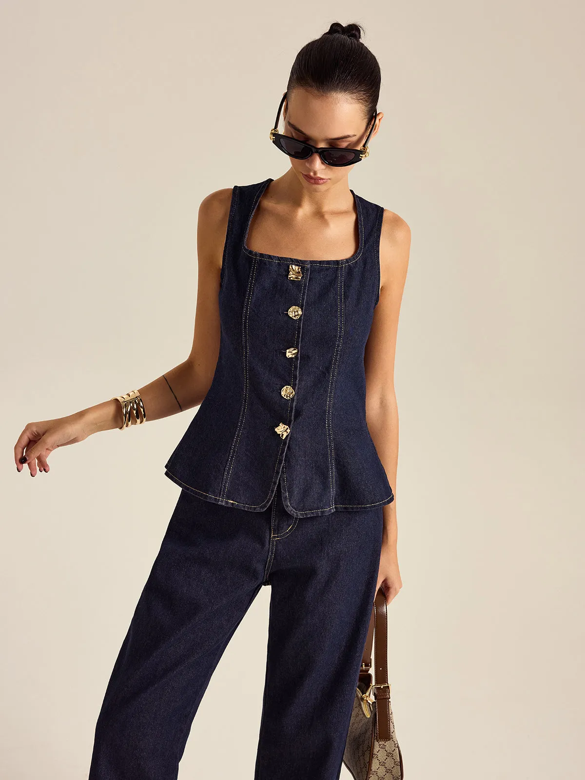 Denim Metal Button Peplum Top and Pants Set sold by COMMENSE product image thumbnail 5