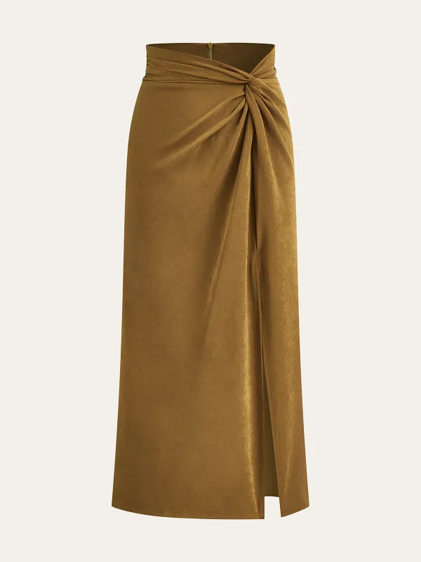 Twist Front Slit Midi Skirt sold by COMMENSE