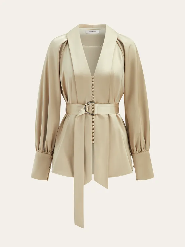Belted Volume-Sleeve Jacket with Cloth Button sold by COMMENSE