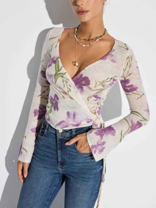 Floral Print Wrap Tie Knit Top sold by COMMENSE