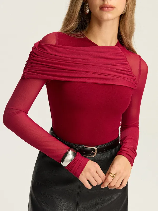 Asymmetric Mesh-Sleeve Top sold by COMMENSE