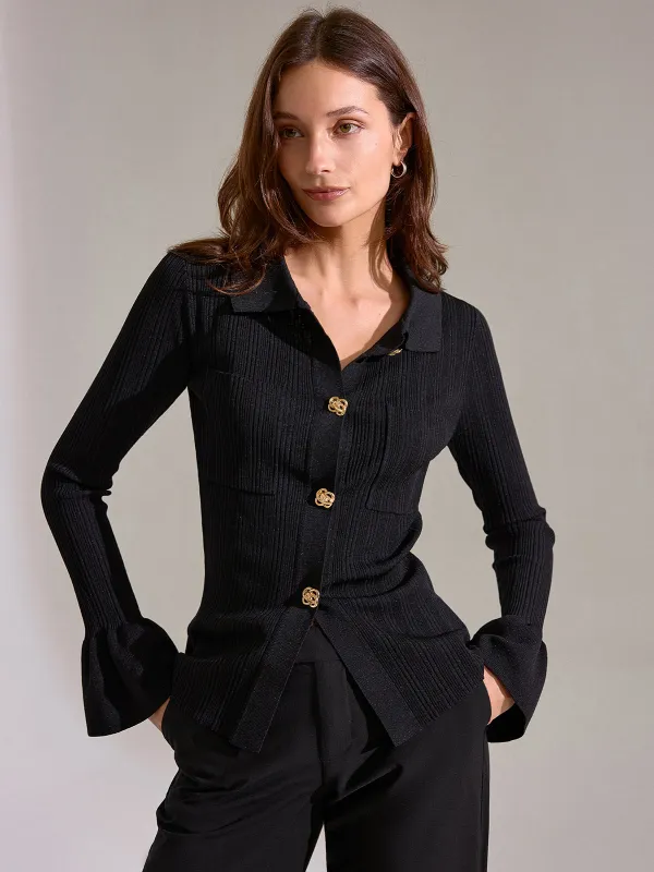 Bell Sleeve Ribbed Knit Polo Top sold by COMMENSE