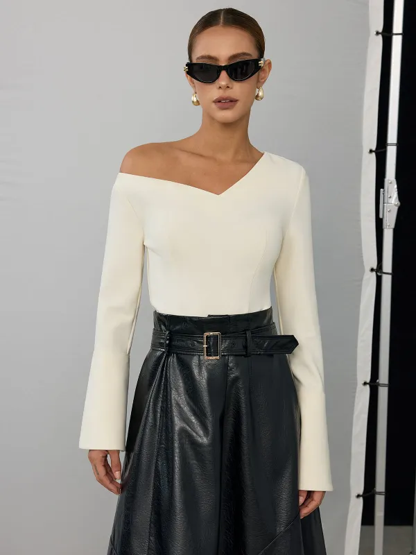 Asymmetric Off-Shoulder Bell-Sleeve Top sold by COMMENSE