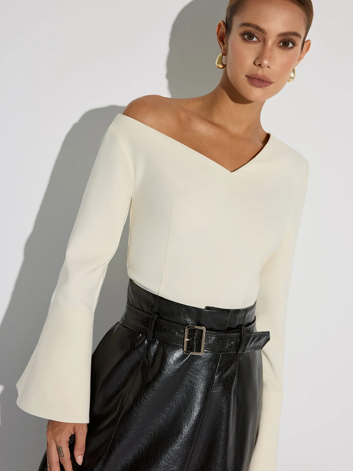 Asymmetric Off-Shoulder Bell-Sleeve Top sold by COMMENSE product image thumbnail 5