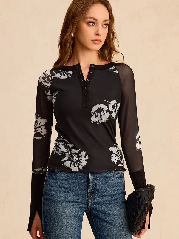 Floral Print Mesh Sleeve T-Shirt sold by COMMENSE
