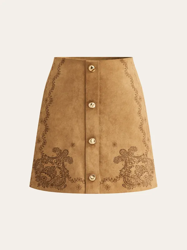 Print Suede Effect Button Mini Skirt sold by COMMENSE