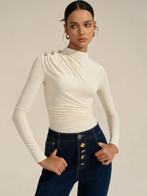 Ruched Shoulder-Decor Long Sleeve Bodysuit sold by COMMENSE