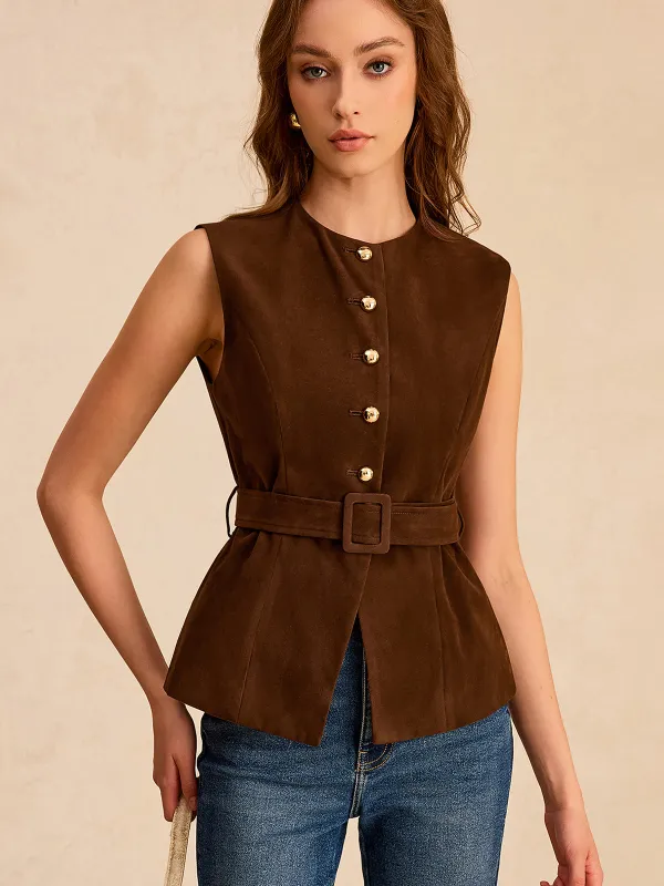 Suede Effect Vest with Belt sold by COMMENSE