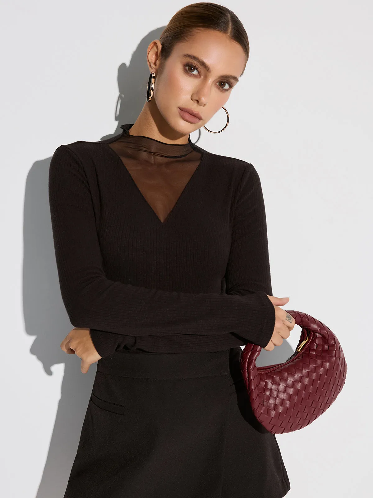 Sheer Mesh Neckline Ribbed Blouse sold by COMMENSE product image thumbnail 4