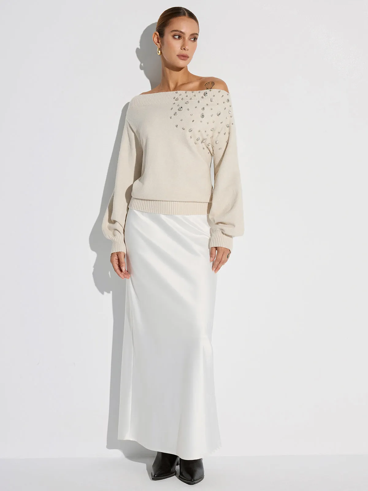 Rhinestone-Embellished Off-Shoulder Sweater sold by COMMENSE product image thumbnail 3