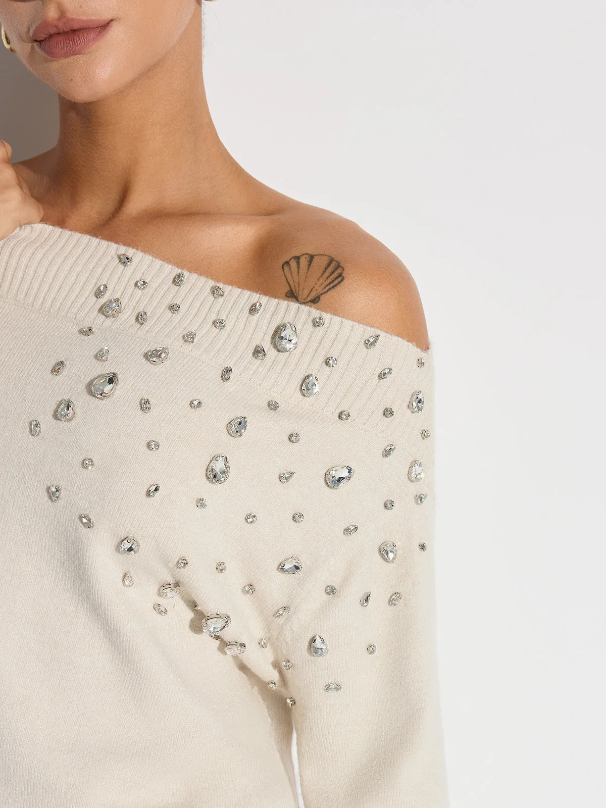 Rhinestone-Embellished Off-Shoulder Sweater sold by COMMENSE product image thumbnail 4