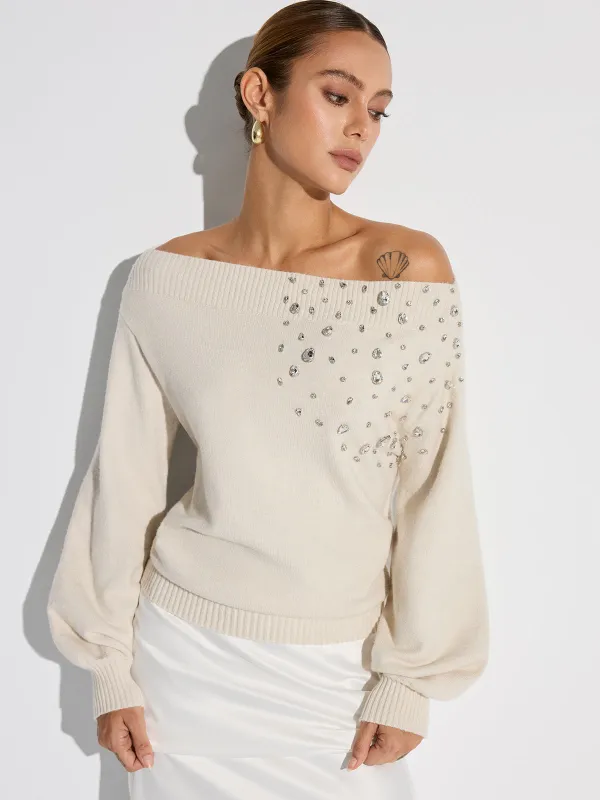 Rhinestone-Embellished Off-Shoulder Sweater sold by COMMENSE