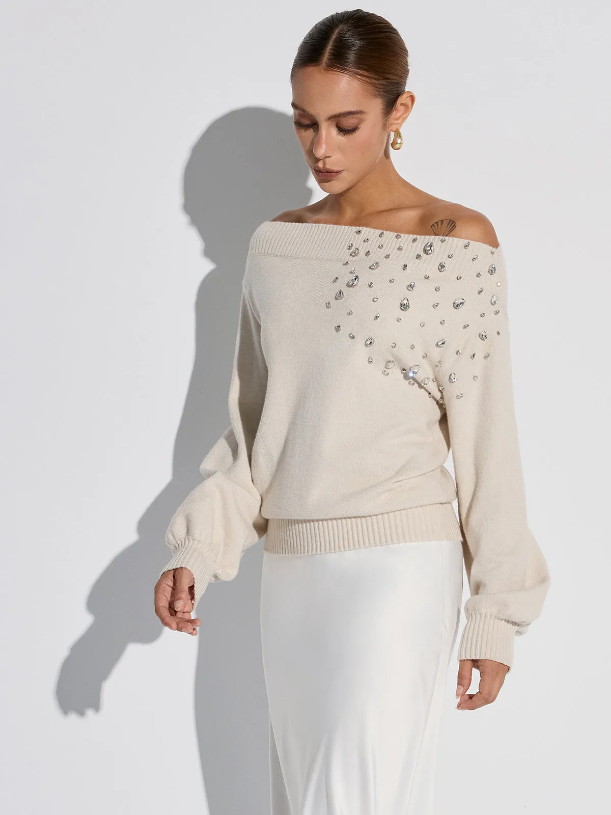 Rhinestone-Embellished Off-Shoulder Sweater sold by COMMENSE product image thumbnail 2