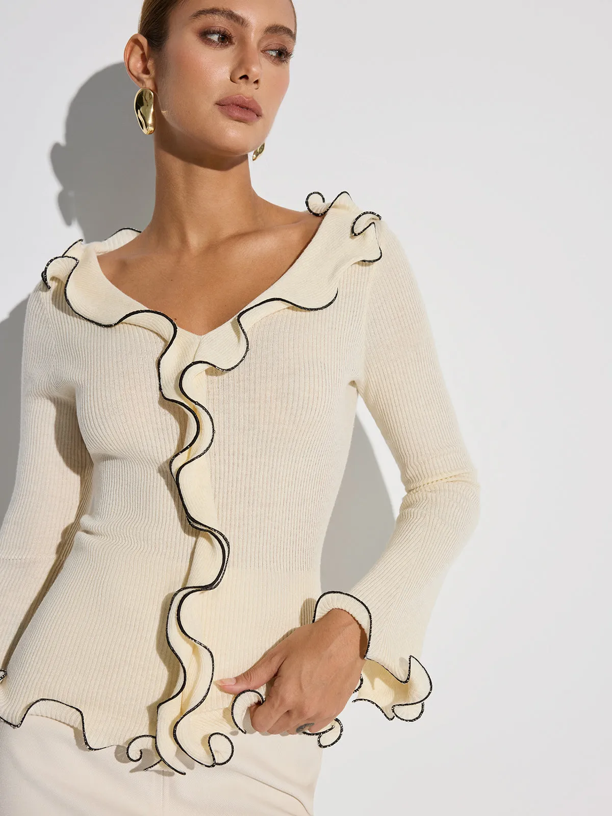 Contrast Trim Ruffled Sweater sold by COMMENSE product image thumbnail 3