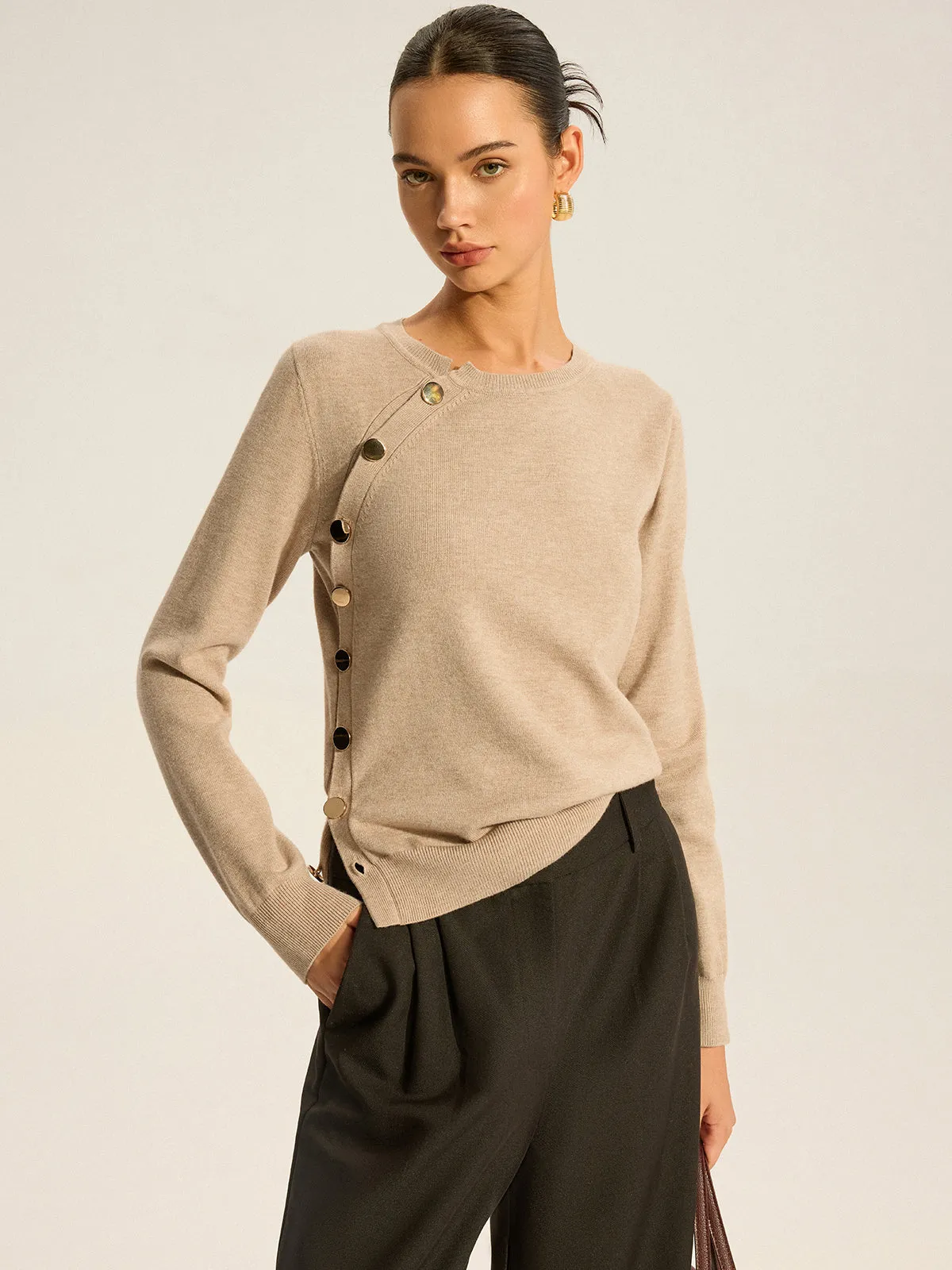 Asymmetric Button Knit Top sold by COMMENSE