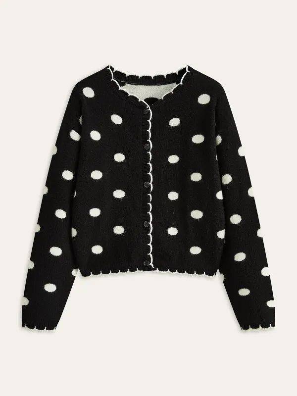 Scalloped Trim Polka Dot Knit Cardigan sold by COMMENSE