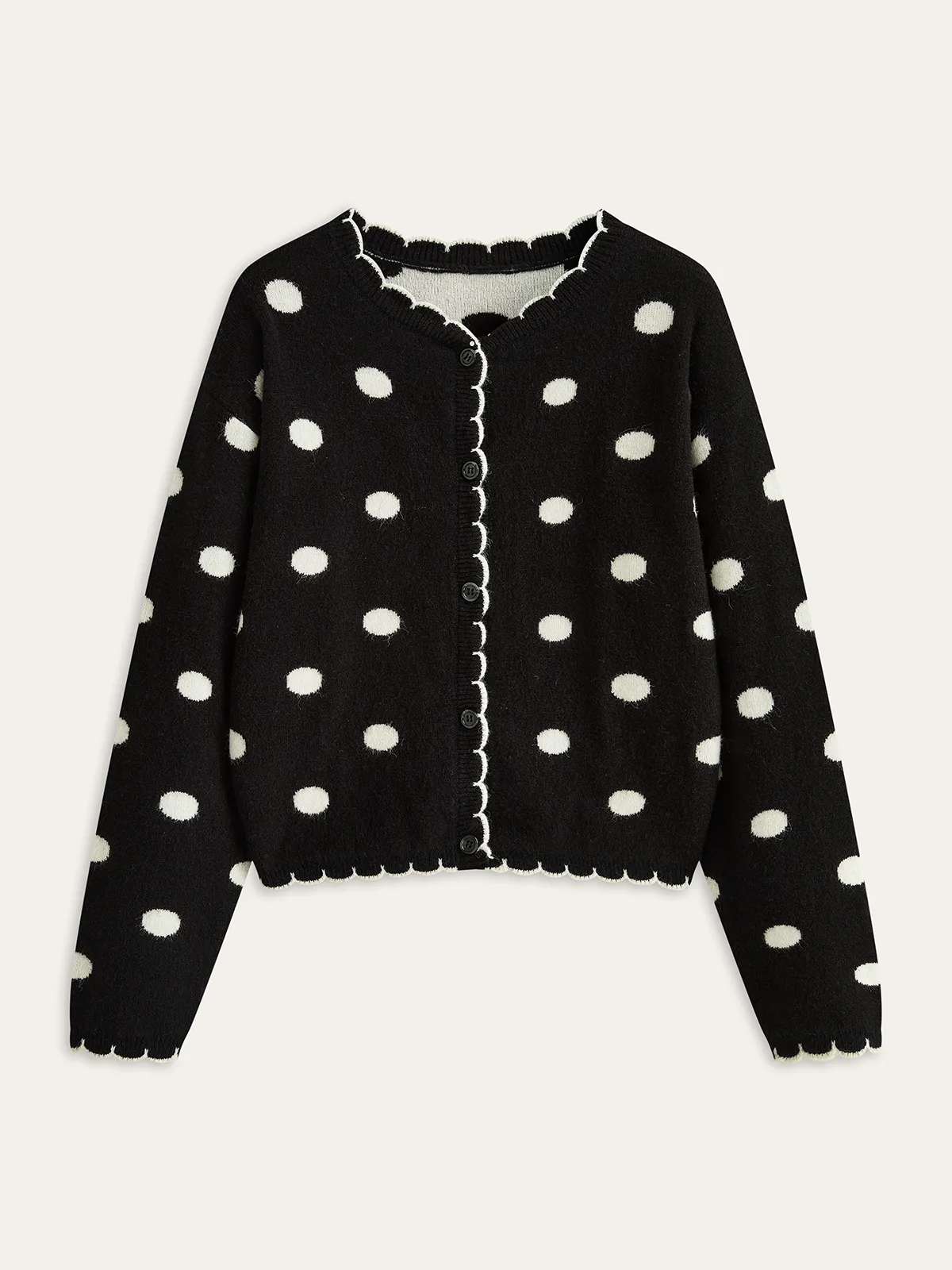 Scalloped Trim Polka Dot Knit Cardigan sold by COMMENSE