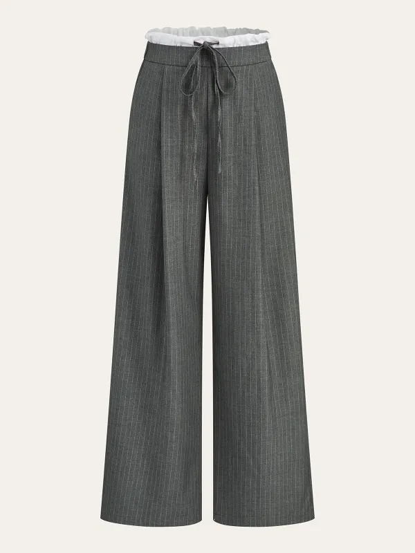 Contrast Ruffle Waistband Pinstripe Pants sold by COMMENSE