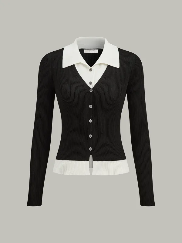 Contrast Trim Collared Knit Cardigan sold by COMMENSE