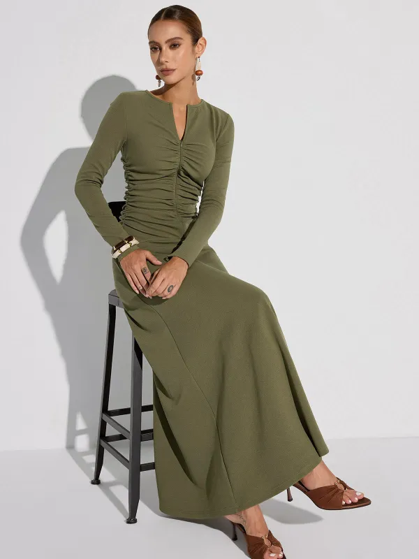 Zipper-Front Ruched Maxi Dress sold by COMMENSE