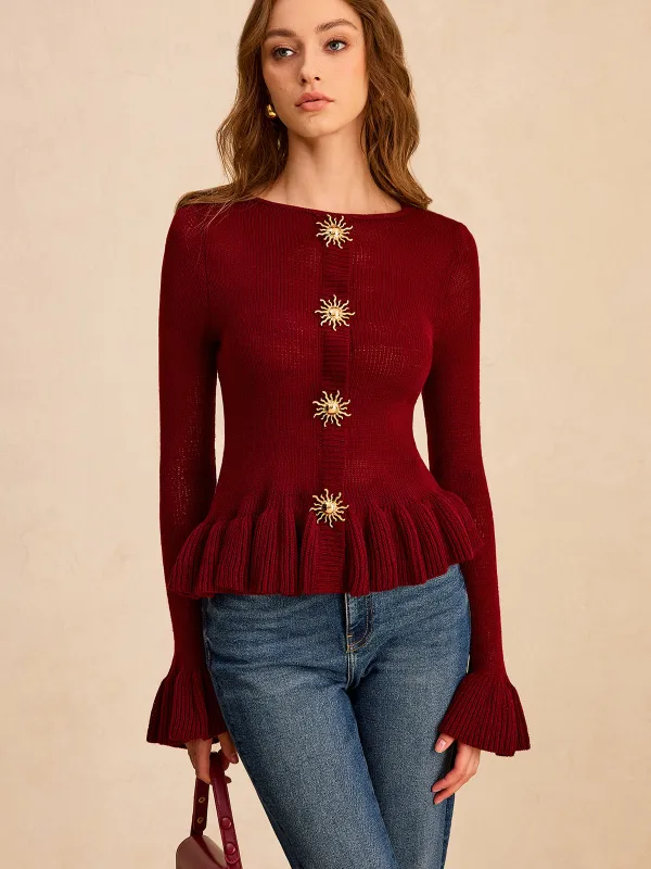 Metal Detail Ruffled Hem Knit Top sold by COMMENSE