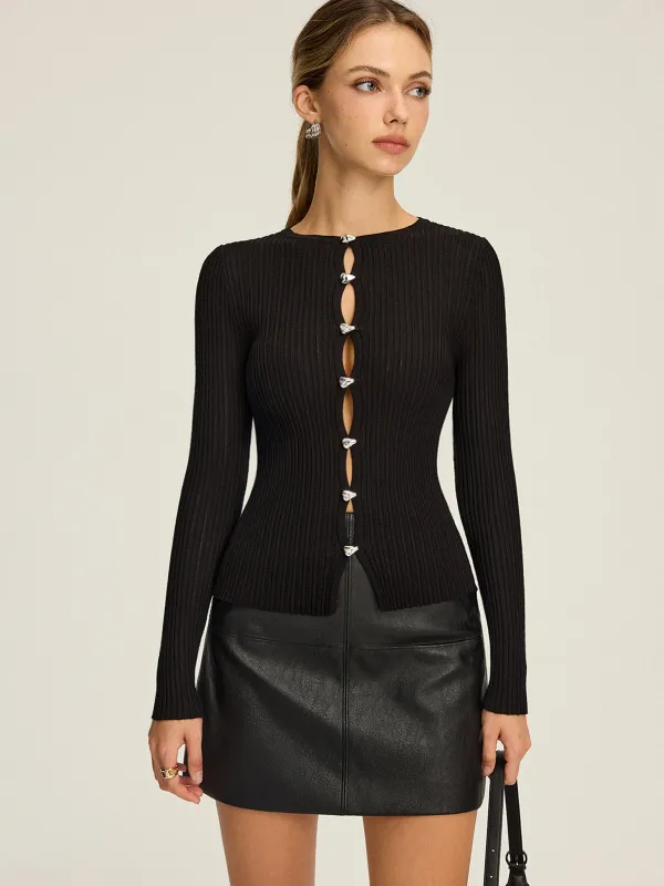 Metal Detail Cut-Out Ribbed Knit Top sold by COMMENSE