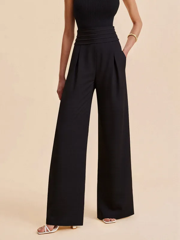 High-Waist Pleated-Waistband Wide-Leg Pants sold by COMMENSE
