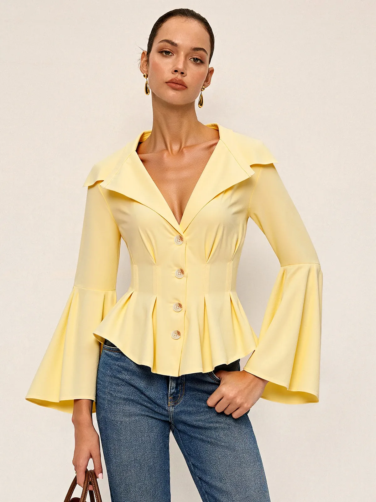 Lapel-Collar Bell Sleeve Peplum Shirt sold by COMMENSE