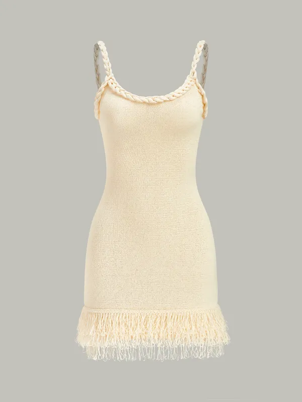 Braided Rope Strap Fringe Hem Sweater Dress sold by COMMENSE