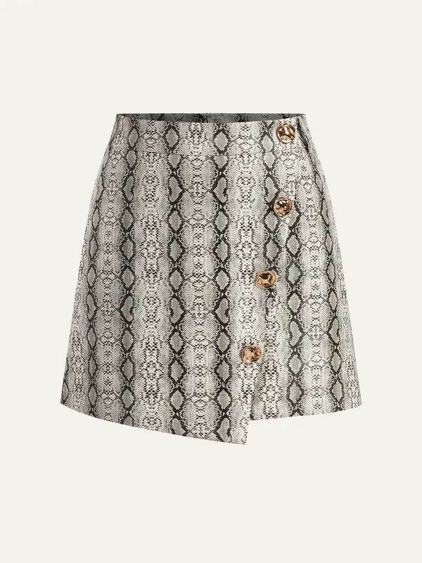 Snake Print Asymmetric PU Leather Mini Skirt sold by COMMENSE