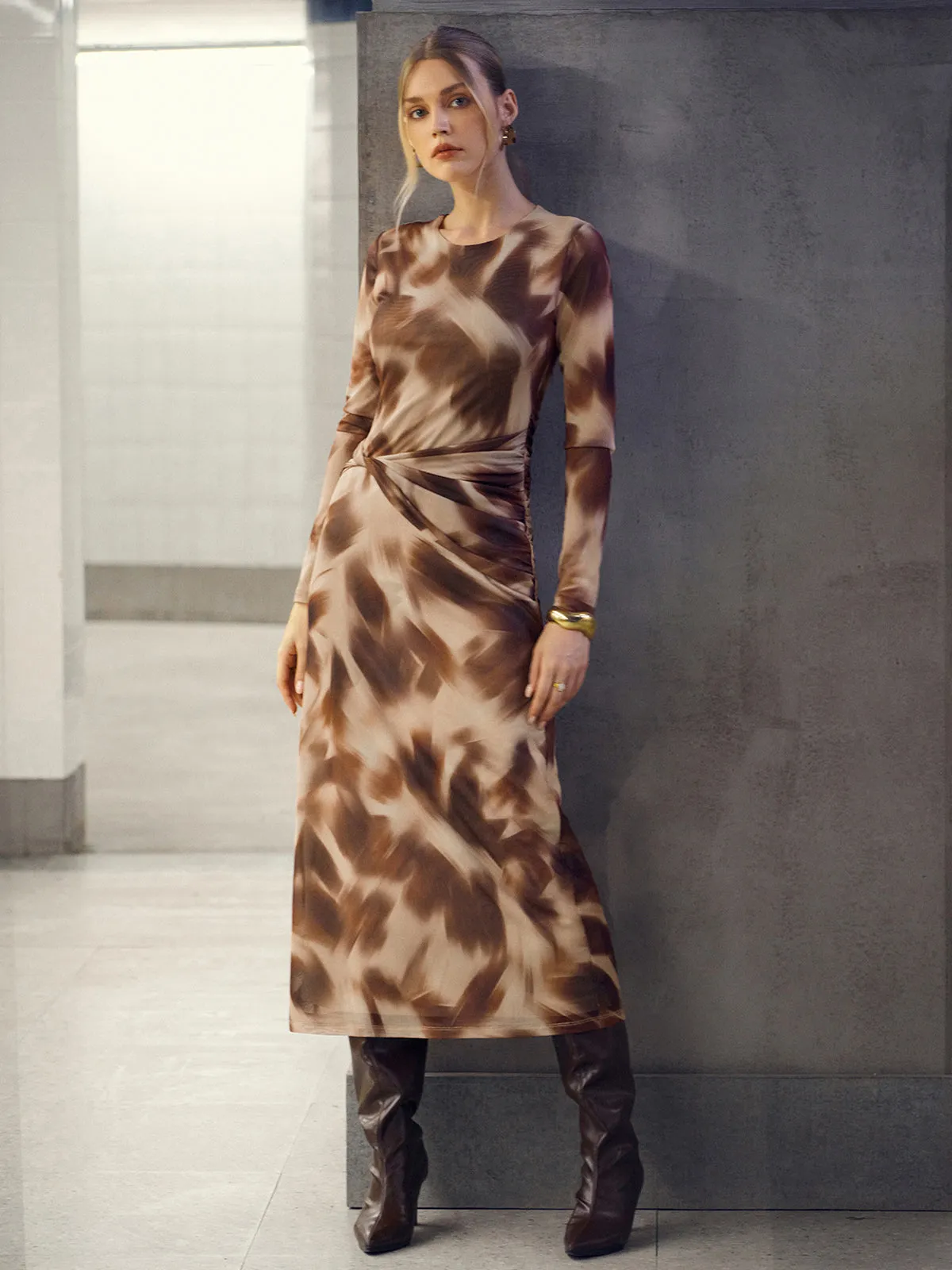 Abstract Print Twisted Mesh Midi Dress sold by COMMENSE