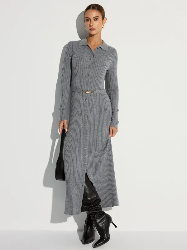 Ribbed Knit Polo Maxi Dress with Belt sold by COMMENSE