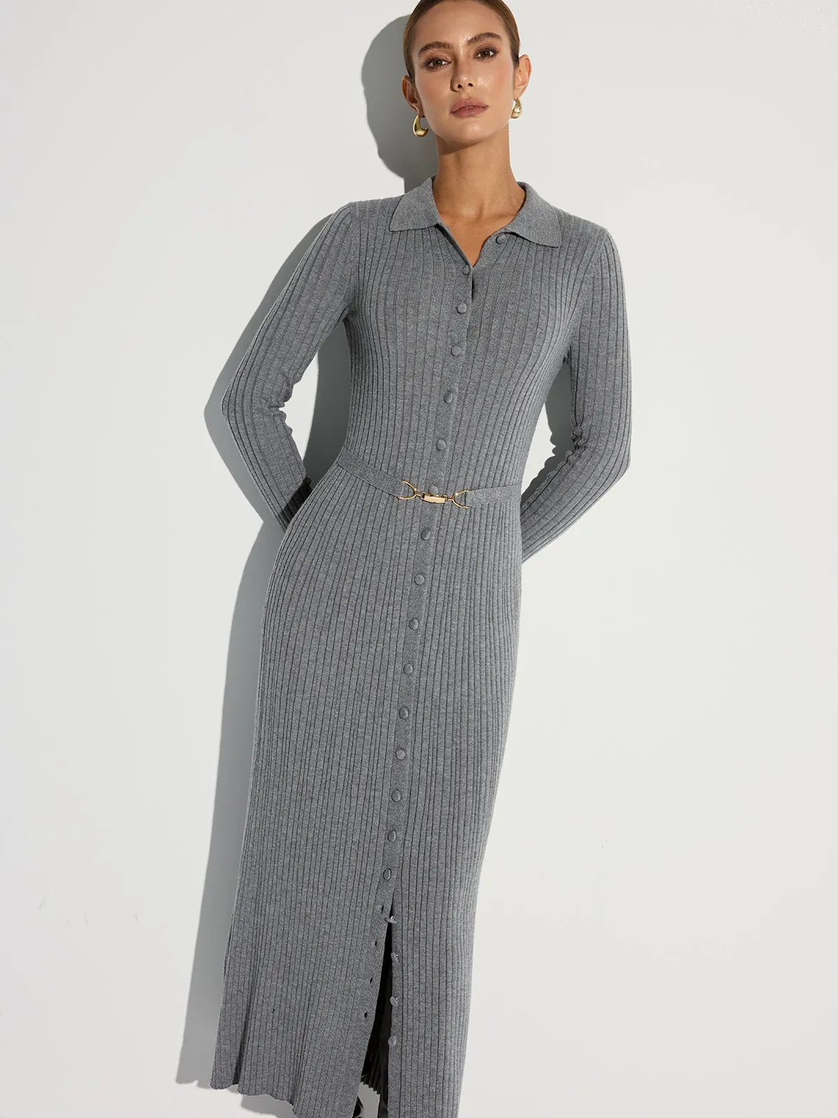 Ribbed Knit Polo Maxi Dress with Belt sold by COMMENSE product image thumbnail 5