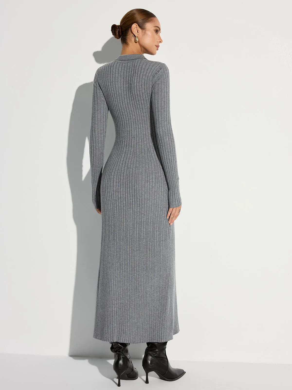 Ribbed Knit Polo Maxi Dress with Belt sold by COMMENSE product image thumbnail 3