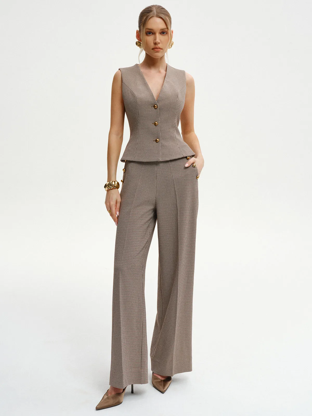 Houndstooth Metal Detail Mid-Waist Pants sold by COMMENSE product image thumbnail 2