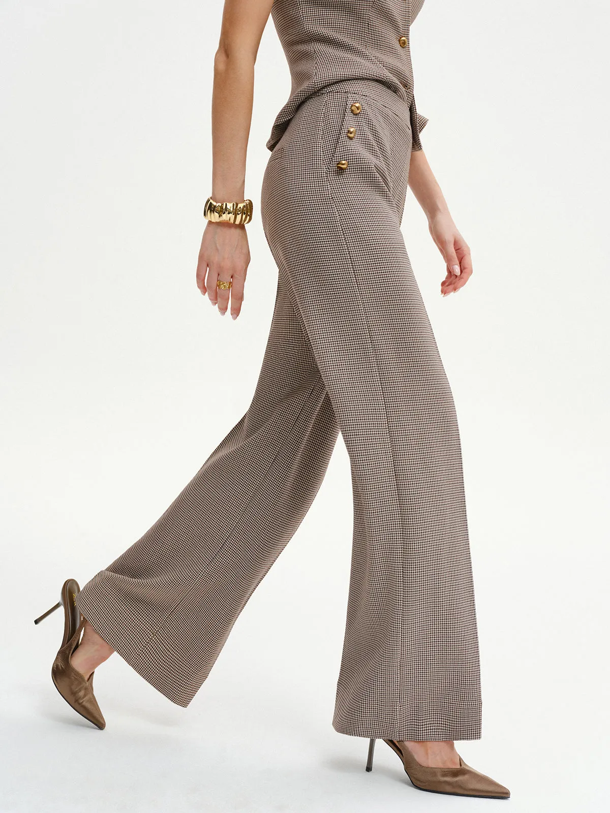Houndstooth Metal Detail Mid-Waist Pants sold by COMMENSE