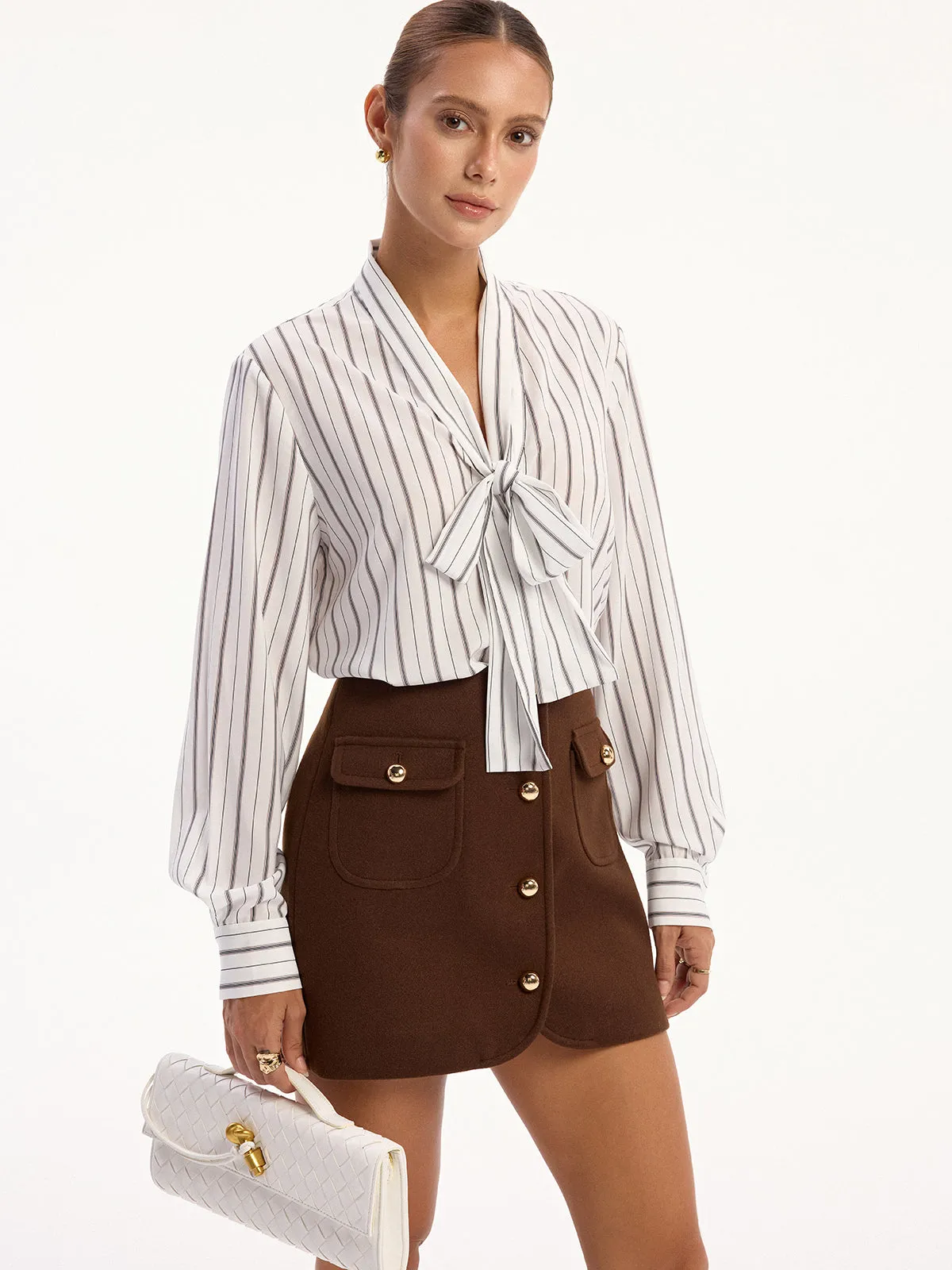 Striped Tie-Neck Long Sleeve Shirt sold by COMMENSE product image thumbnail 3