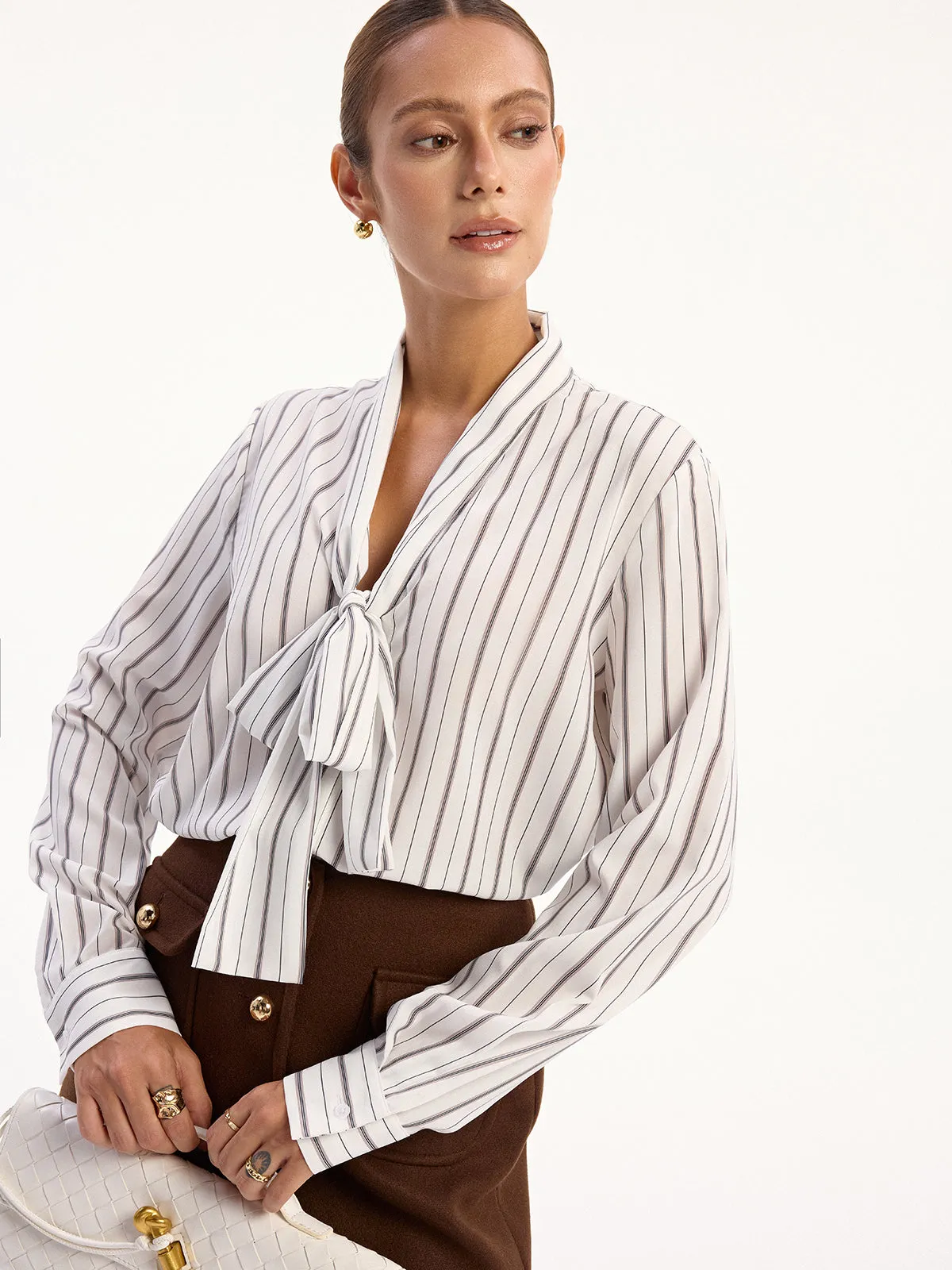 Striped Tie-Neck Long Sleeve Shirt sold by COMMENSE product image thumbnail 4