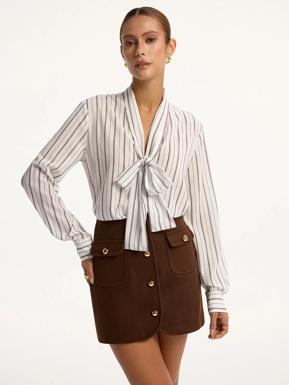 Striped Tie-Neck Long Sleeve Shirt sold by COMMENSE