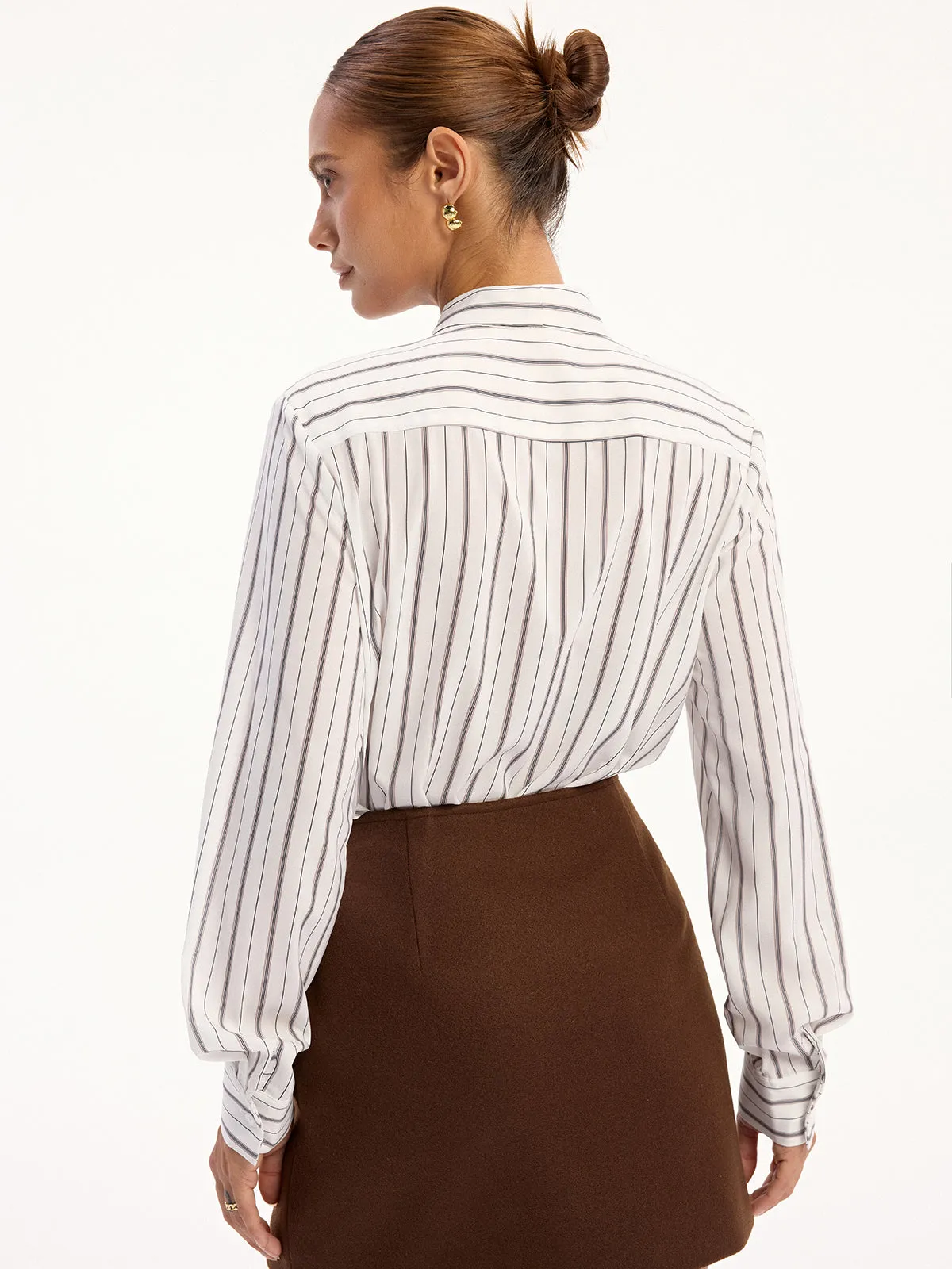 Striped Tie-Neck Long Sleeve Shirt sold by COMMENSE product image thumbnail 5