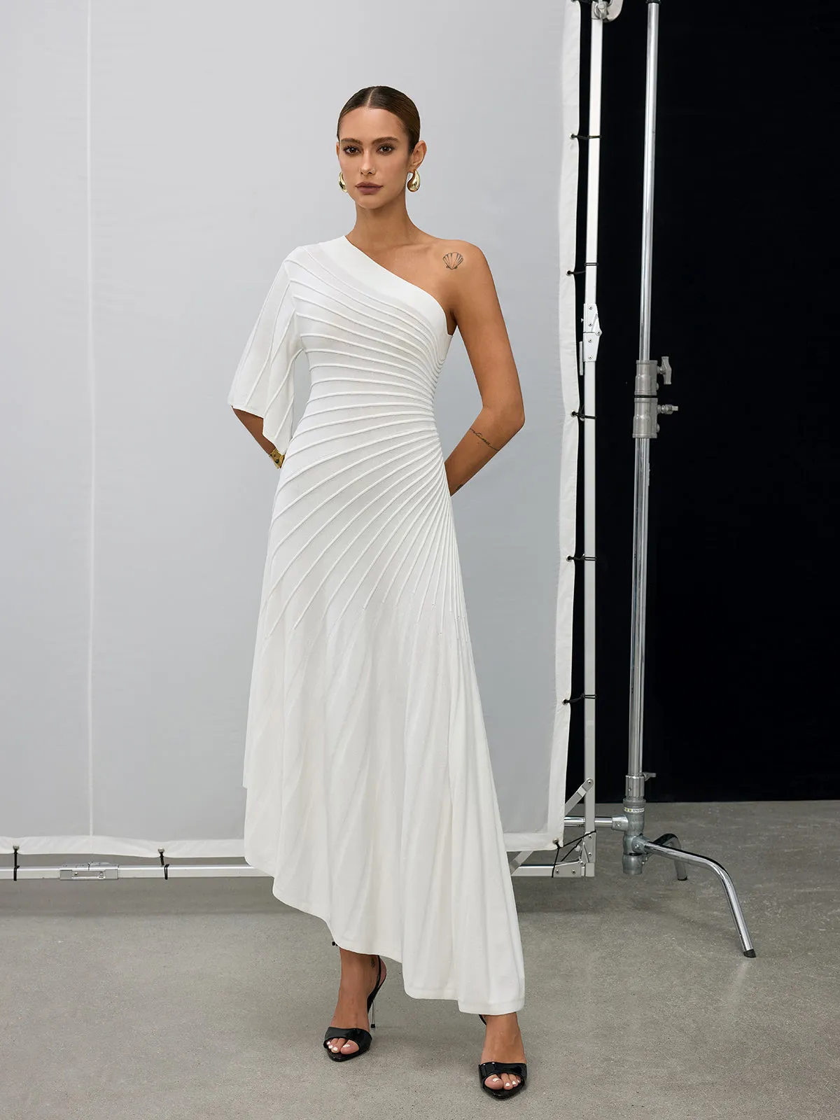 Asymmetric One-Shoulder Textured Sweater Dress sold by COMMENSE