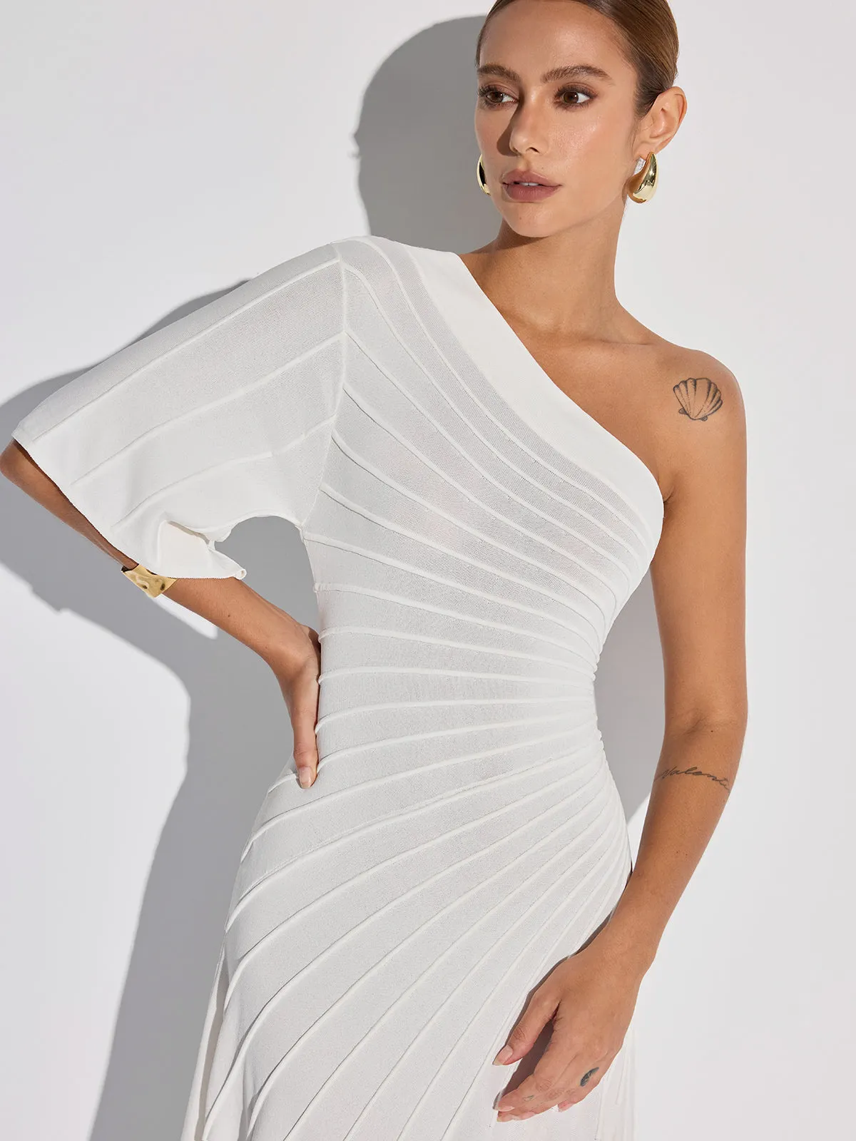 Asymmetric One-Shoulder Textured Sweater Dress sold by COMMENSE product image thumbnail 3